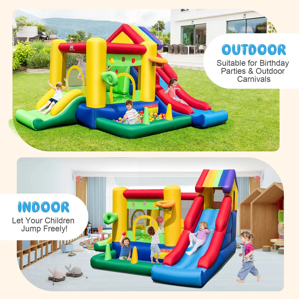 2026 NewCostway Colorful Rainbow Kids Inflatable Bounce Castle with 50 Ocean Balls & 735W Blower