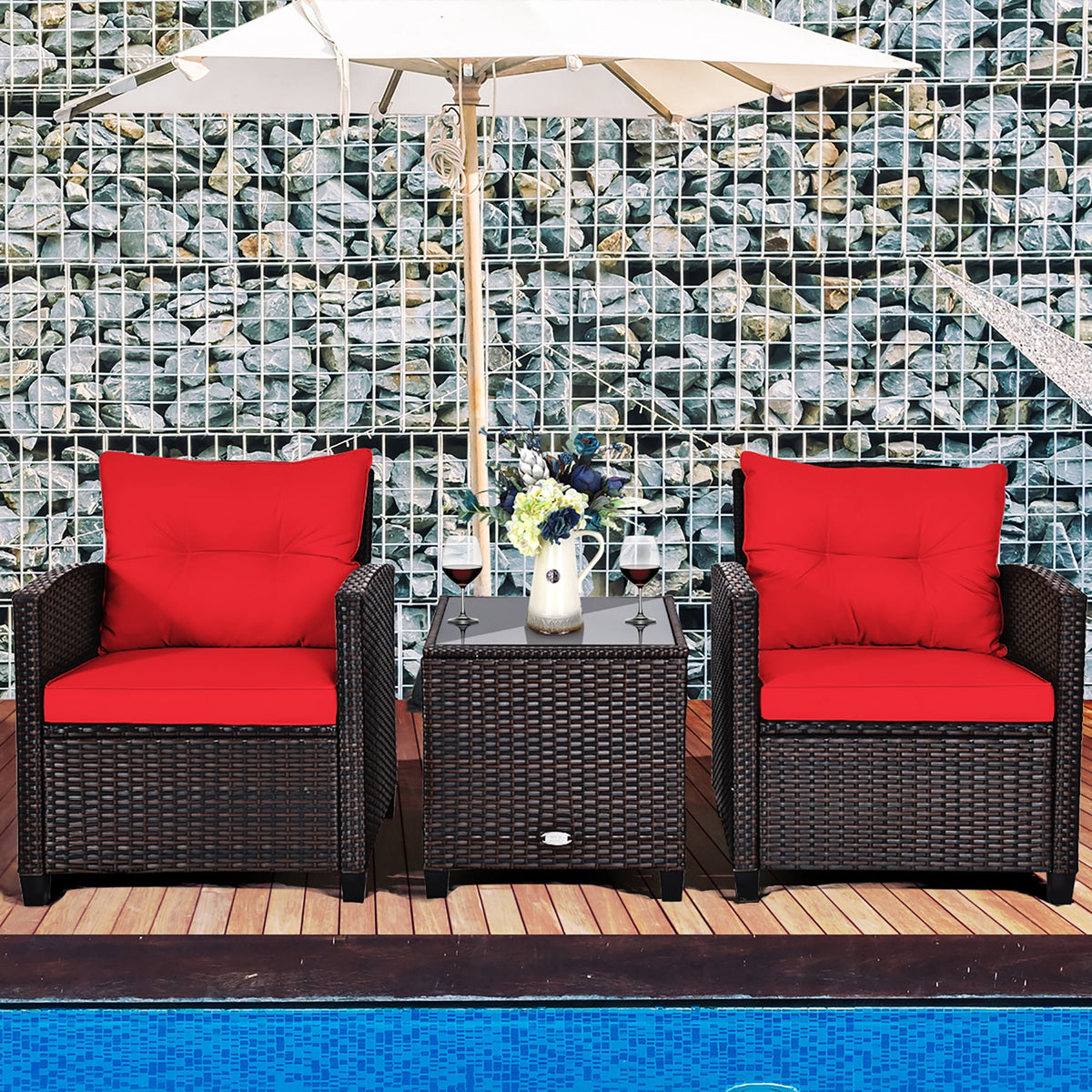 Costway 3PCS Patio Rattan Furniture Set Cushioned Conversation Set Sofa Coffee Table Red
