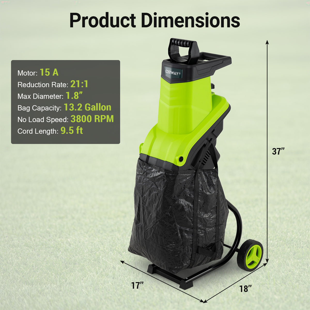 Costway 15-Amp Electric Wood Chipper Shredder Mulcher, 1.8" Max Cutting Diameter Green+Black
