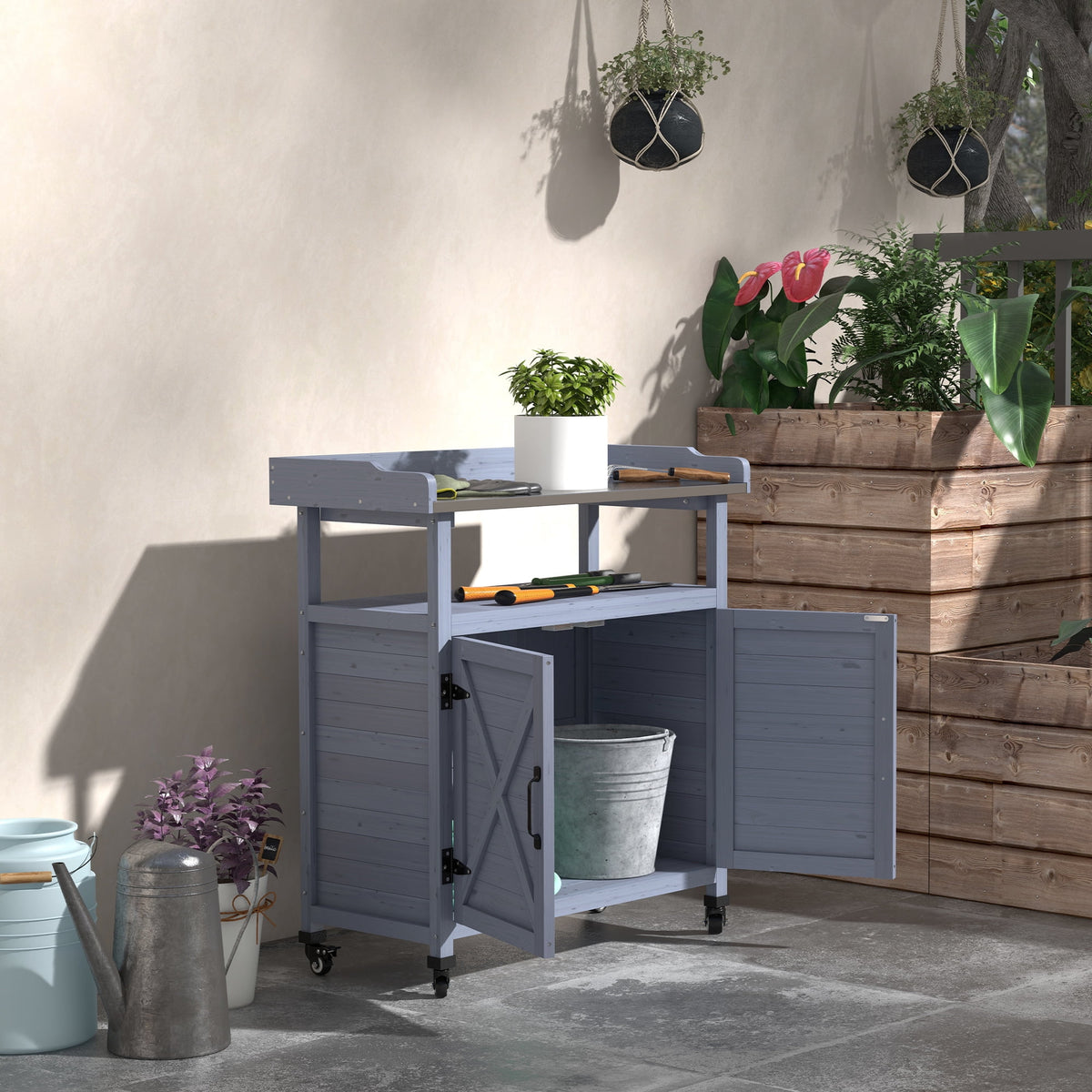 Outsunny Outdoor Potting Bench with Storage, Wheels, Grey