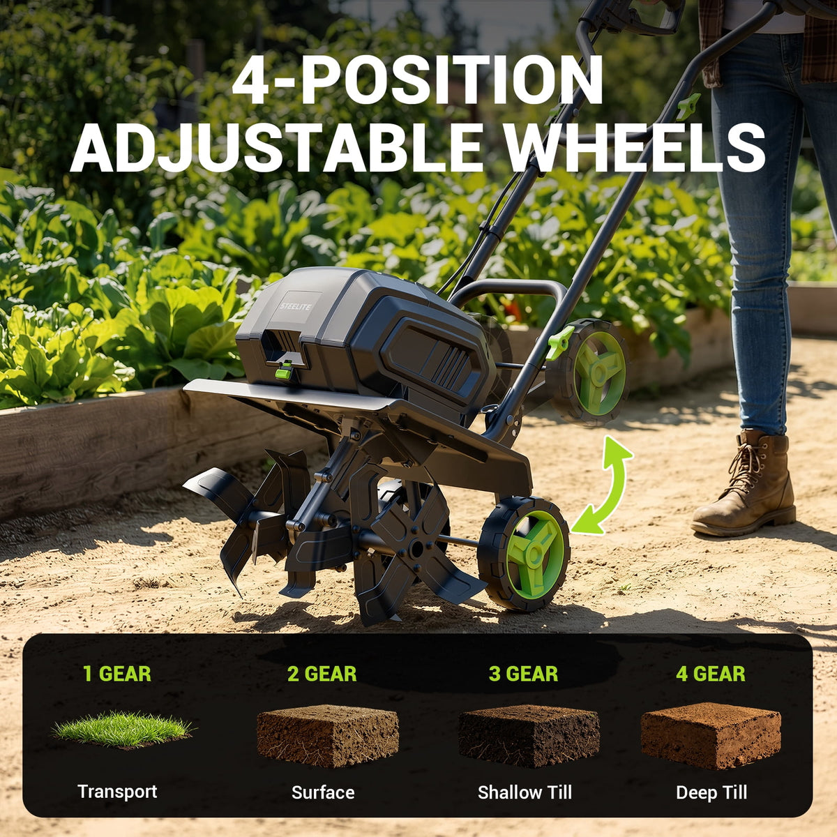 Steelite 2x21V Max 14-Inch Cordless Tiller with Brushless Motor,Battery Powered Garden Tiller for Gardening/Soil Cultivation,Tiller Cultivator and Garden Rototiller, 2* 4.0 Ah Batteries Included