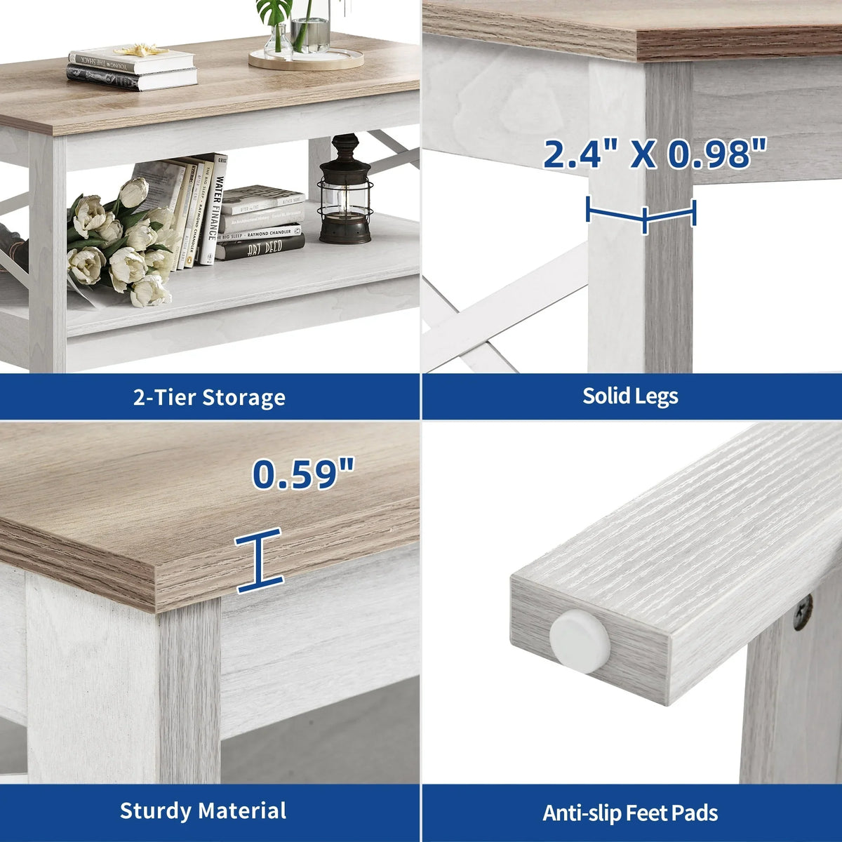 2026 NewMoasis Farmhouse Coffee Table with Storage 2-Tier Center Table for Living Room Grey Wash Top+White