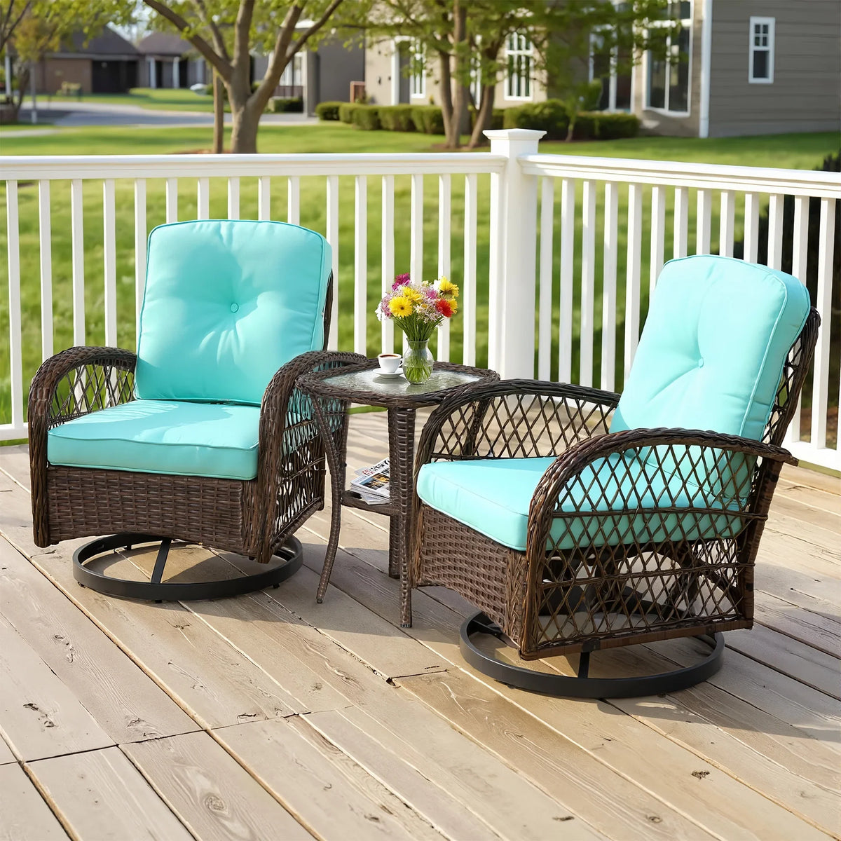 2026 New3 Piece Patio Swivel Rocker Chairs Set, 2 360-Degree Swivel Rocking Chairs with 1 Glass Top Table, PE Rattan Outdoor Bistro Set with Cushions for Balcony Deck Poolside Backyard Porch