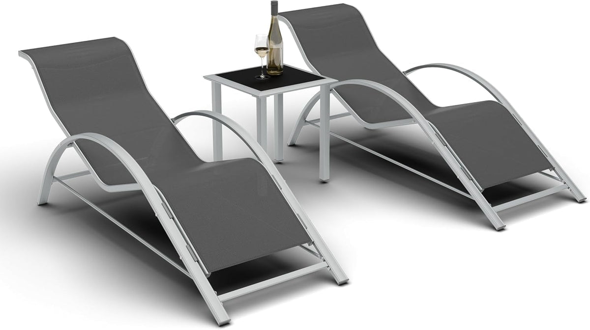 3-Piece Outdoor Chaise Lounge Chair Set – Adjustable Aluminum Recliners with Table – Heavy-Duty, Weather-Resistant for Poolside, Patio, Garden, Beach, Grey