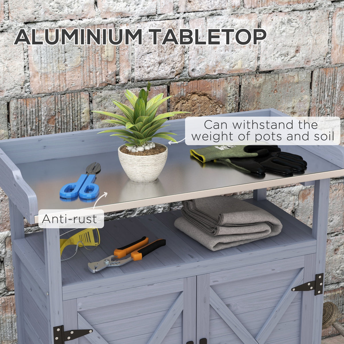 Outsunny Outdoor Potting Bench with Storage, Wheels, Grey