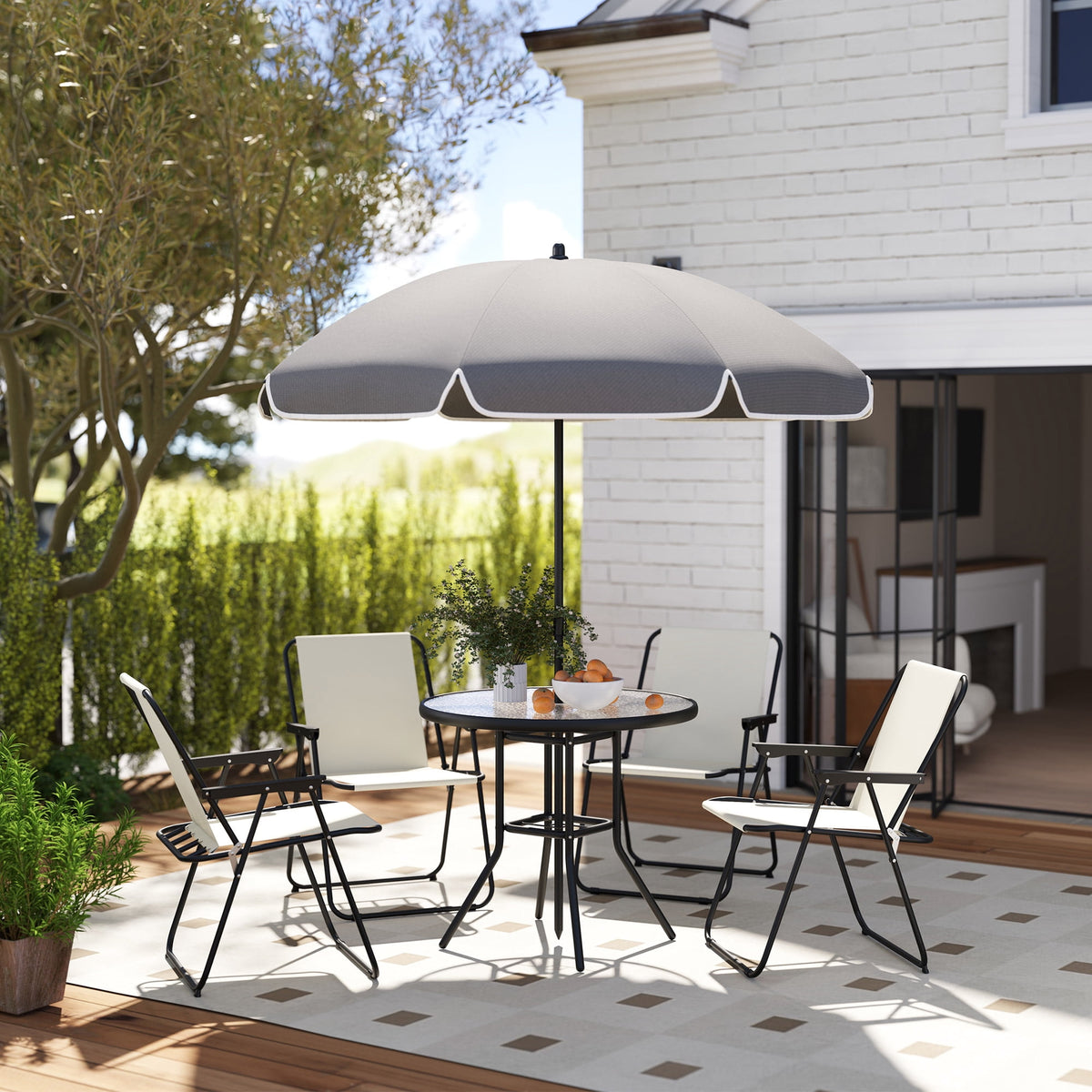 Outsunny Patio Dining Set with Umbrella, Folding Outdoor Patio Set, Cream