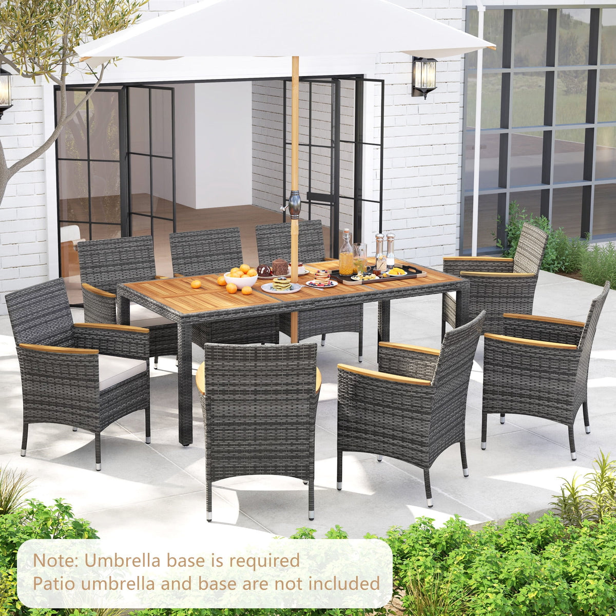 Costway 9PCS Patio Rattan Dining Set Mix Gray Acacia Wood Table Cushioned Chair