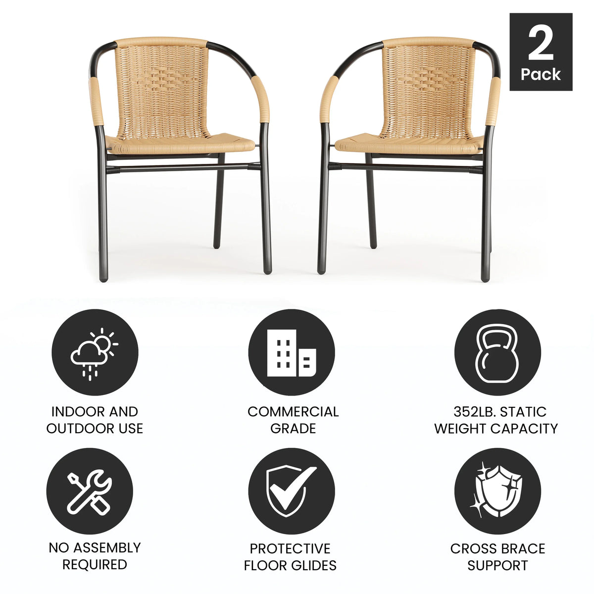 2026 NewEmma + Oliver Indoor/Outdoor Stacking Rattan Restaurant Patio Chairs, Set of 2, Gray