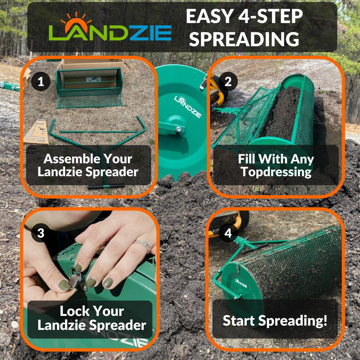 2026 NewLandzie Compost Spreader 24 Inch Walk-Behind Lawn & Garden Spreader with Metal Mesh Basket