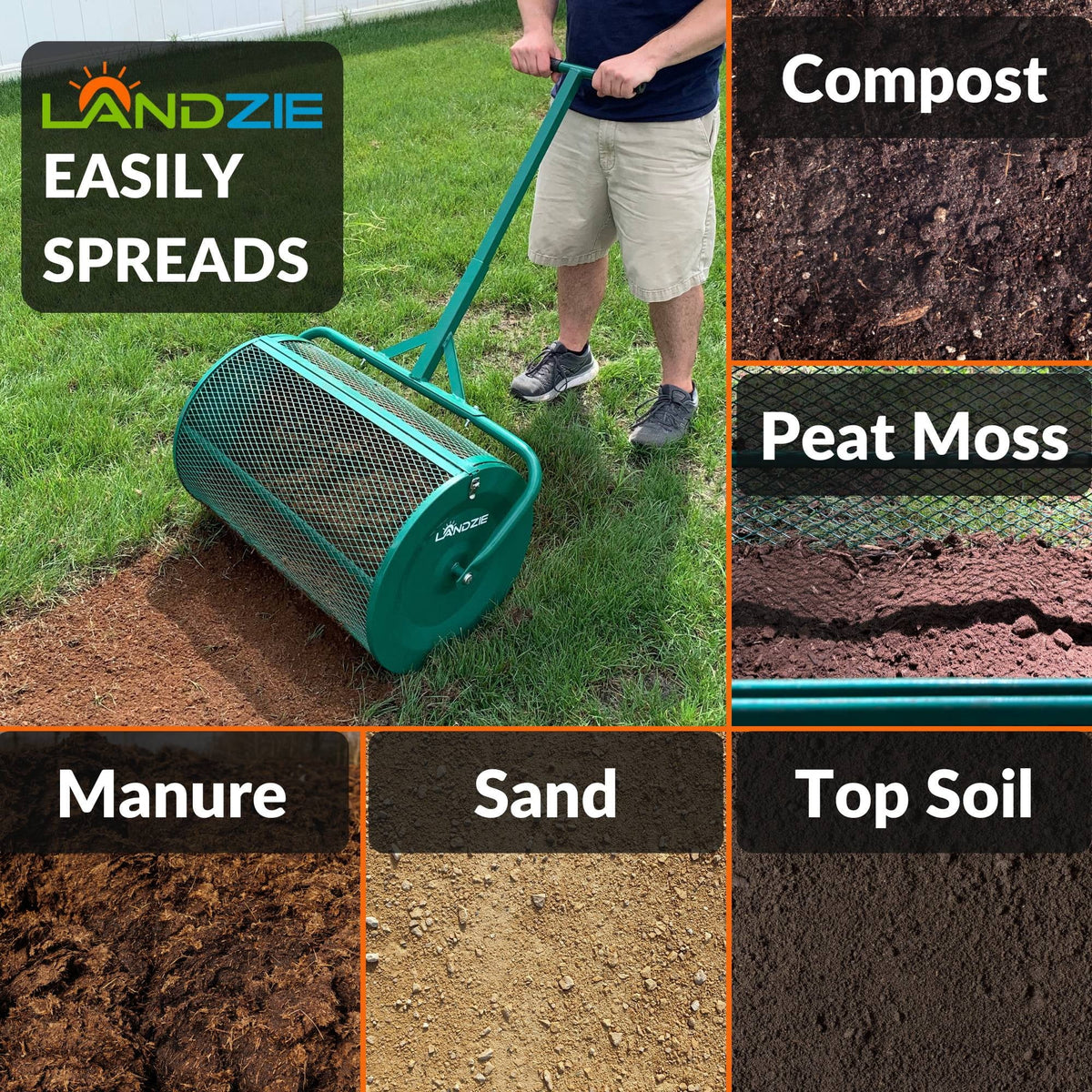 2026 NewLandzie Compost Spreader 24 Inch Walk-Behind Lawn & Garden Spreader with Metal Mesh Basket