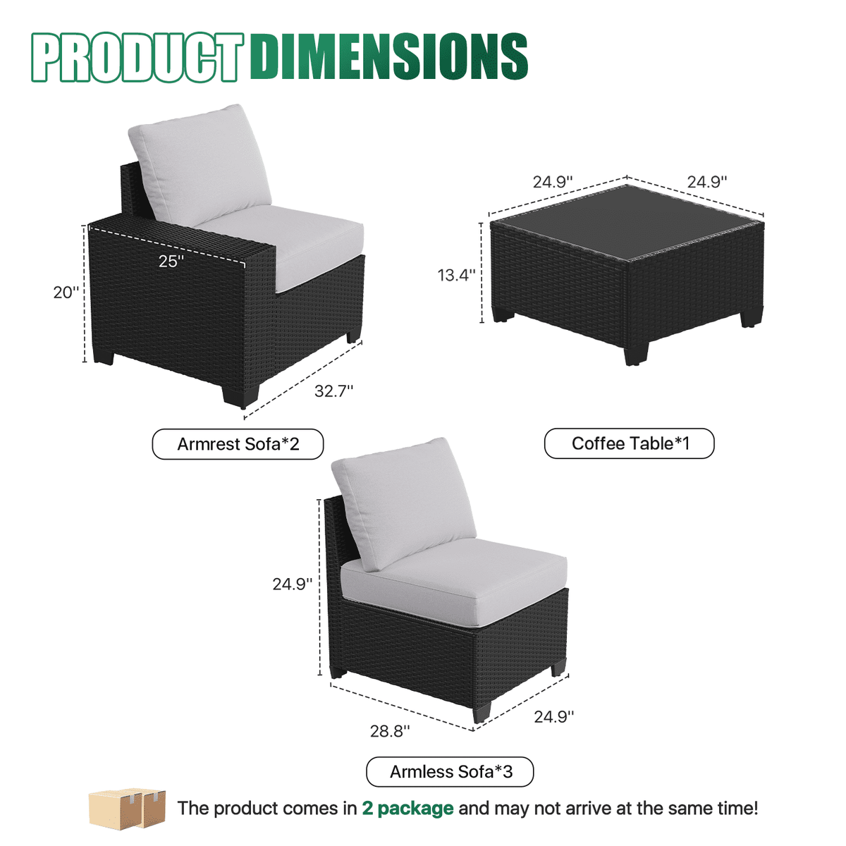 Clouddwell 6-Piece Outdoor Patio Set, 8-Inches Widen Armrest, All-Weather Wicker Sectional with Coffee Table, Grey