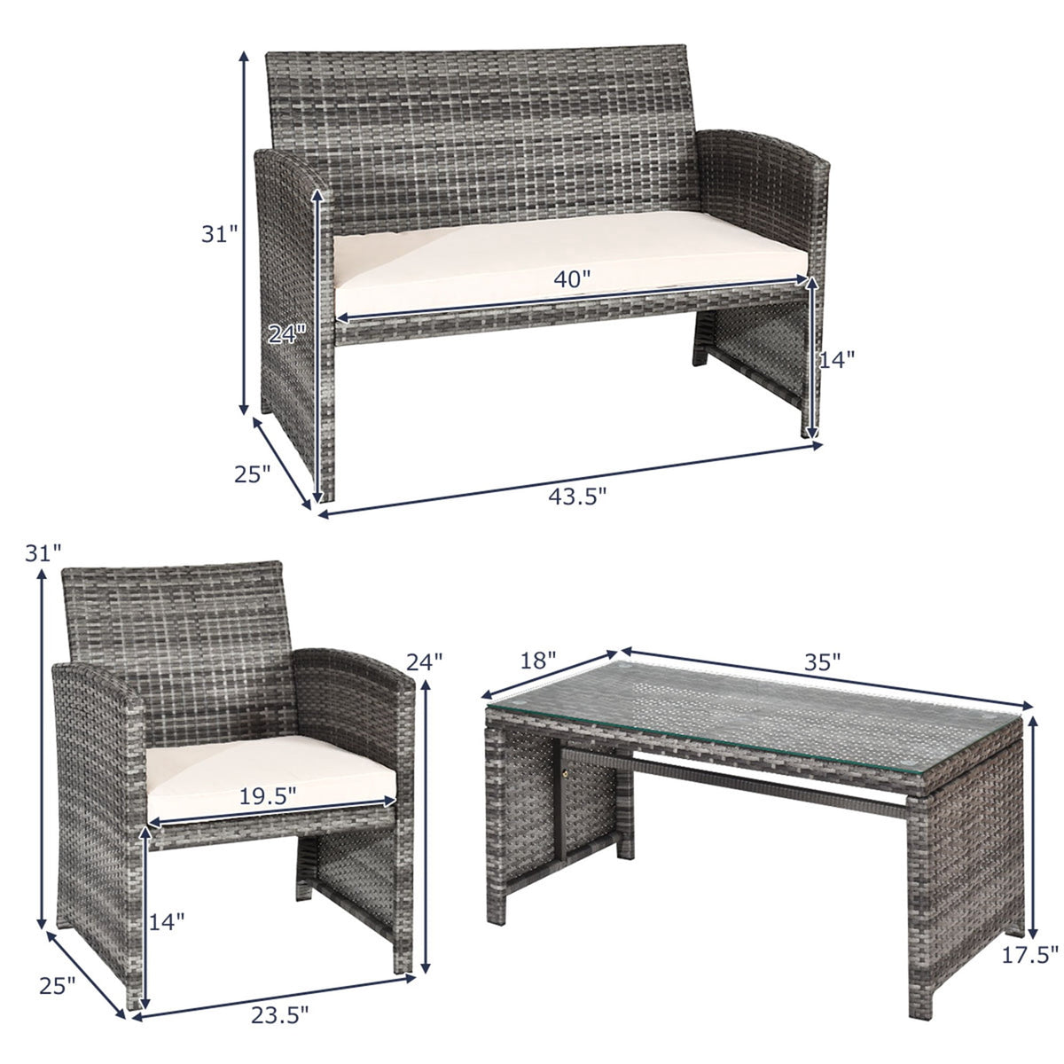 Costway 4PCS Patio Rattan Furniture Set Conversation Glass Table Top Cushioned Sofa