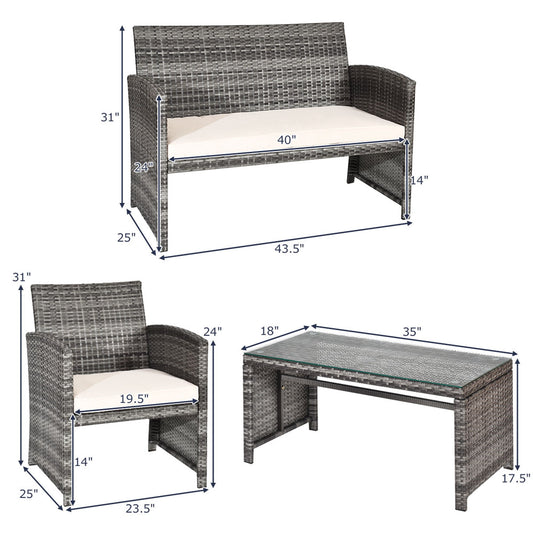 Costway 4PCS Patio Rattan Furniture Set Conversation Glass Table Top Cushioned Sofa