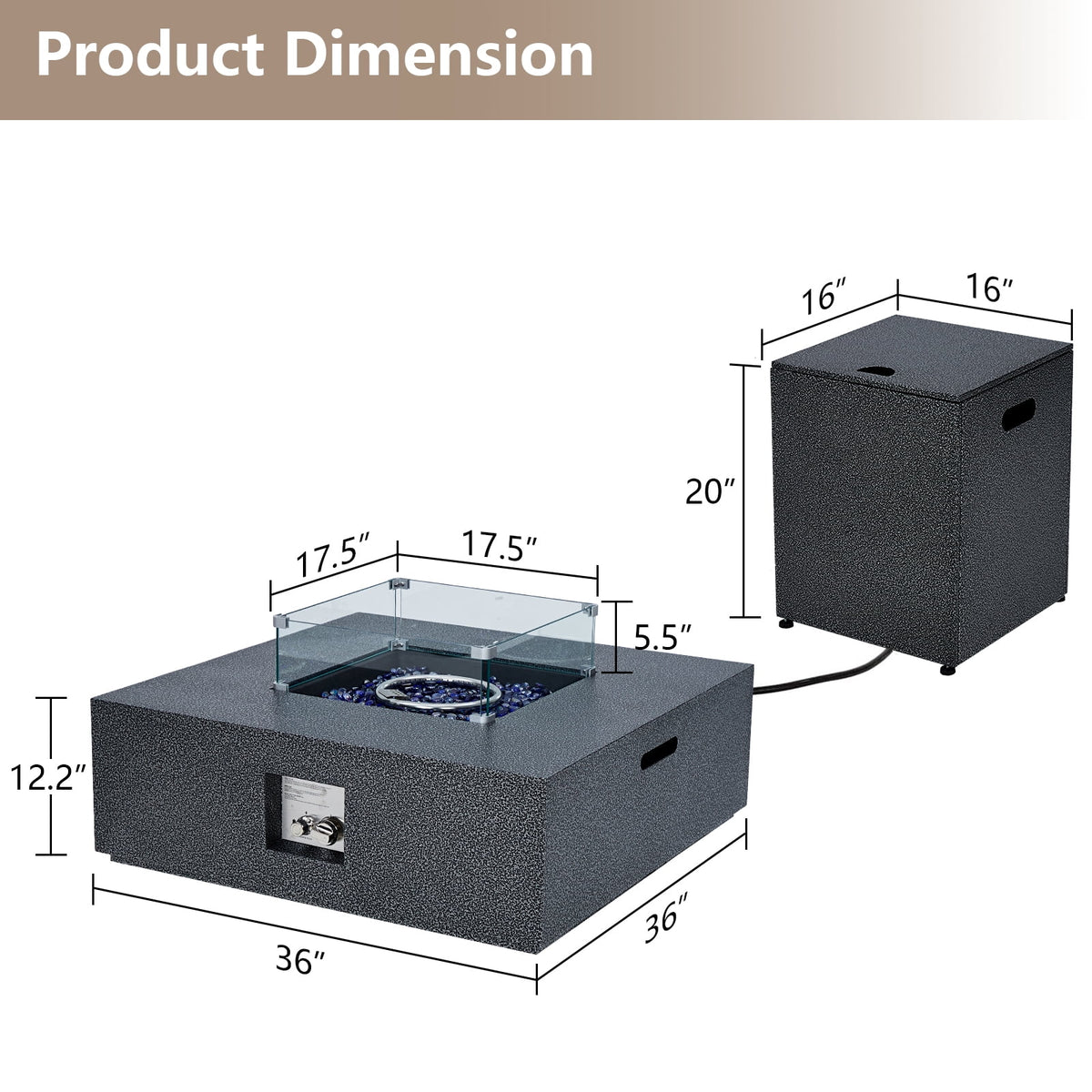Propane Fire Pit Table – 36" Square 50K BTU – Outdoor Gas Fire Table – Removable Lid & Wind Guard – Blue Glass Rocks – Steel – Includes Rain Cover, Windshield & Gas Cylinder Box – Patio Heater