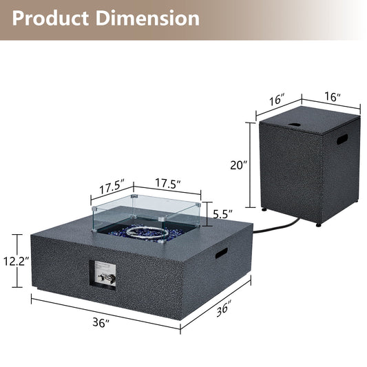 Propane Fire Pit Table – 36" Square 50K BTU – Outdoor Gas Fire Table – Removable Lid & Wind Guard – Blue Glass Rocks – Steel – Includes Rain Cover, Windshield & Gas Cylinder Box – Patio Heater