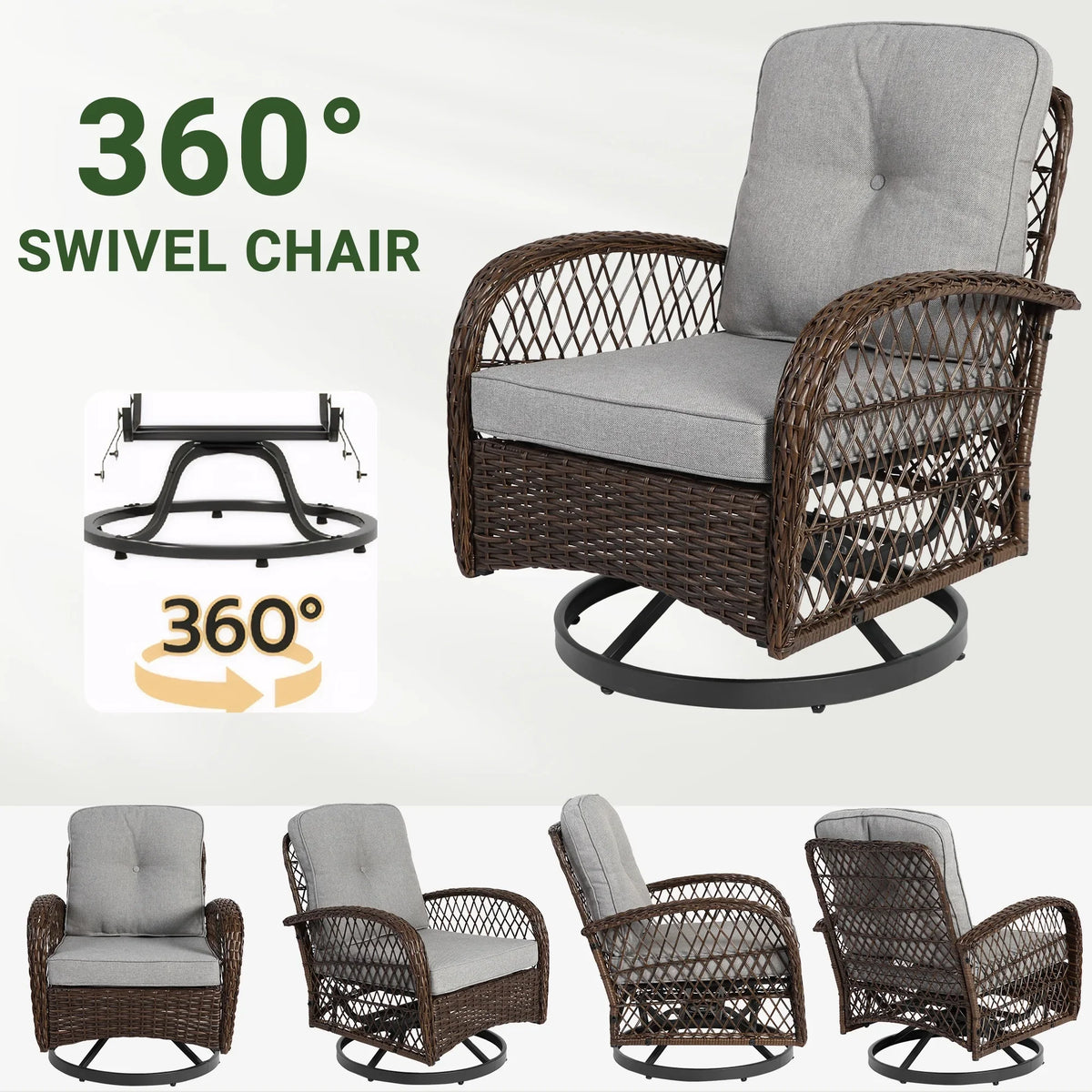 2026 New3 Piece Patio Swivel Rocker Chairs Set, 2 360-Degree Swivel Rocking Chairs with 1 Glass Top Table, PE Rattan Outdoor Bistro Set with Cushions for Balcony Deck Poolside Backyard Porch