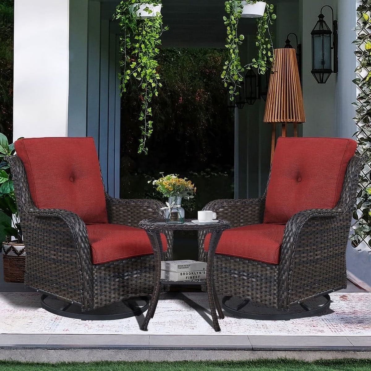 2026 NewPOCASSY 3 Piece Patio Set Outdoor Wicker Glider Rocking and Swivel Chairs with Cushions