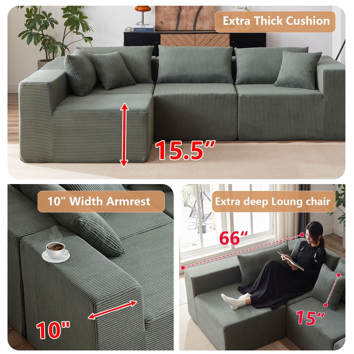 2026 New104-Inch Corduroy Modular L Shaped Sectional Sofa,Luxury Floor Couch Set,Upholstered Indoor Furniture,Foam-Filled Compressed Sofa for Living Room,Bedroom,4 PC Free Combination