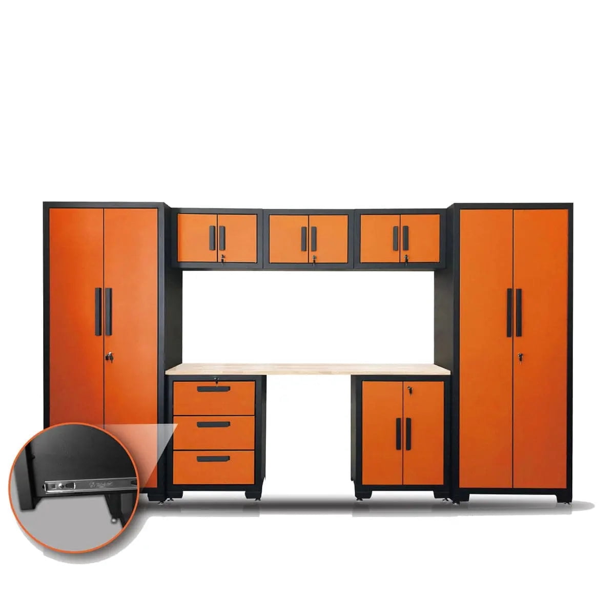 TMG Industrial 8-Piece Garage Storage Cabinet Combo Set, Fully-Welded, Pre-Sealed Wooden Tabletop, Workbench Station, Lockers, Adjustable Levelling, Matte Black Powder Coated Finish