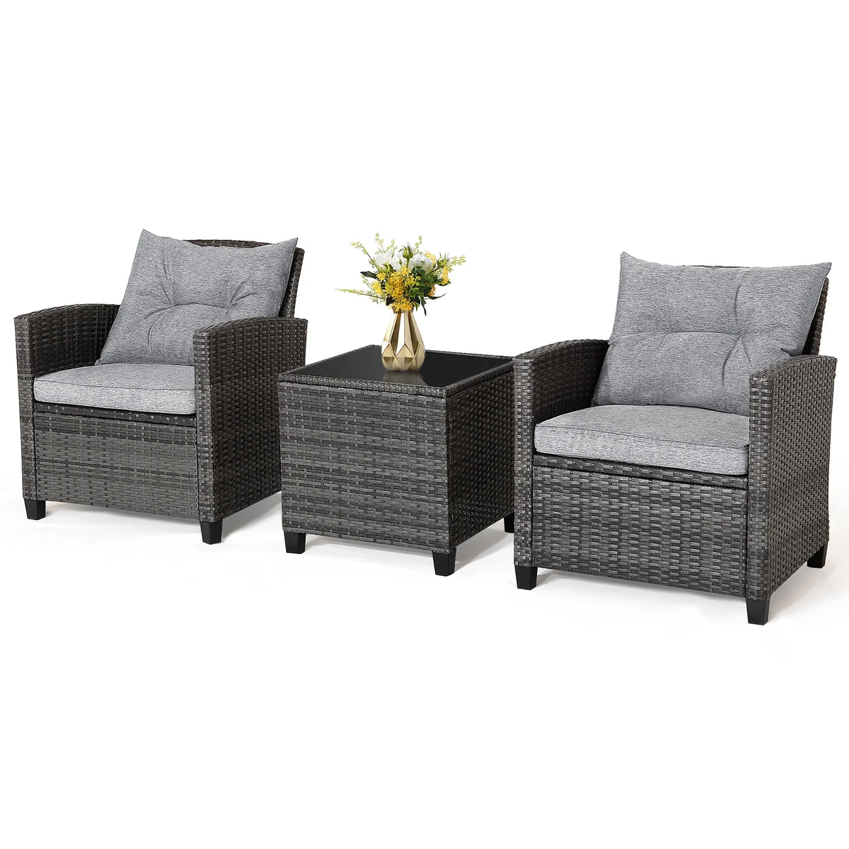 2026 NewGymax 3PCS Patio Rattan Sofa Set Outdoor Wicker Conversation Set Glass Tabletop w/ Grey Cushion