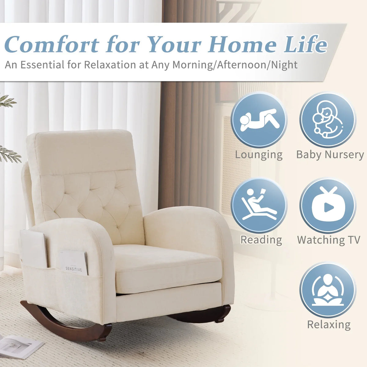 2026 NewKtaxon Rocking Accent Chair Glider Reading Chair Comfy Teddy Velvet Upholstered Single Sofa Rocker for Living Room, Nursery, Bedroom Beige