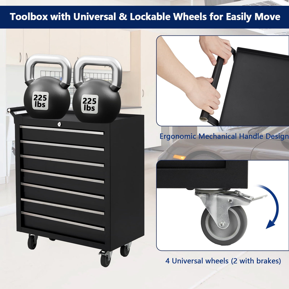 Rolling Tool Chest, 5-Drawers Metal Tool Box Organizer w/Auto Locking System & Lockable Wheels, Sliding Drawers