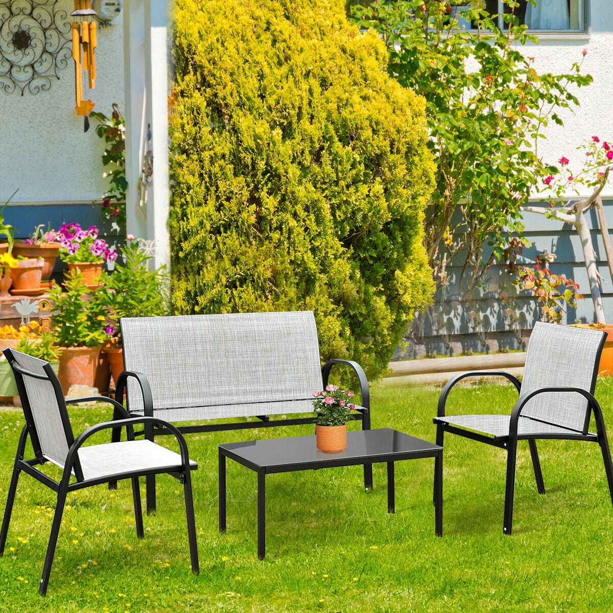 Costway 4 PCS Patio Furniture Set Sofa Coffee Table Steel Frame Garden Deck Gray