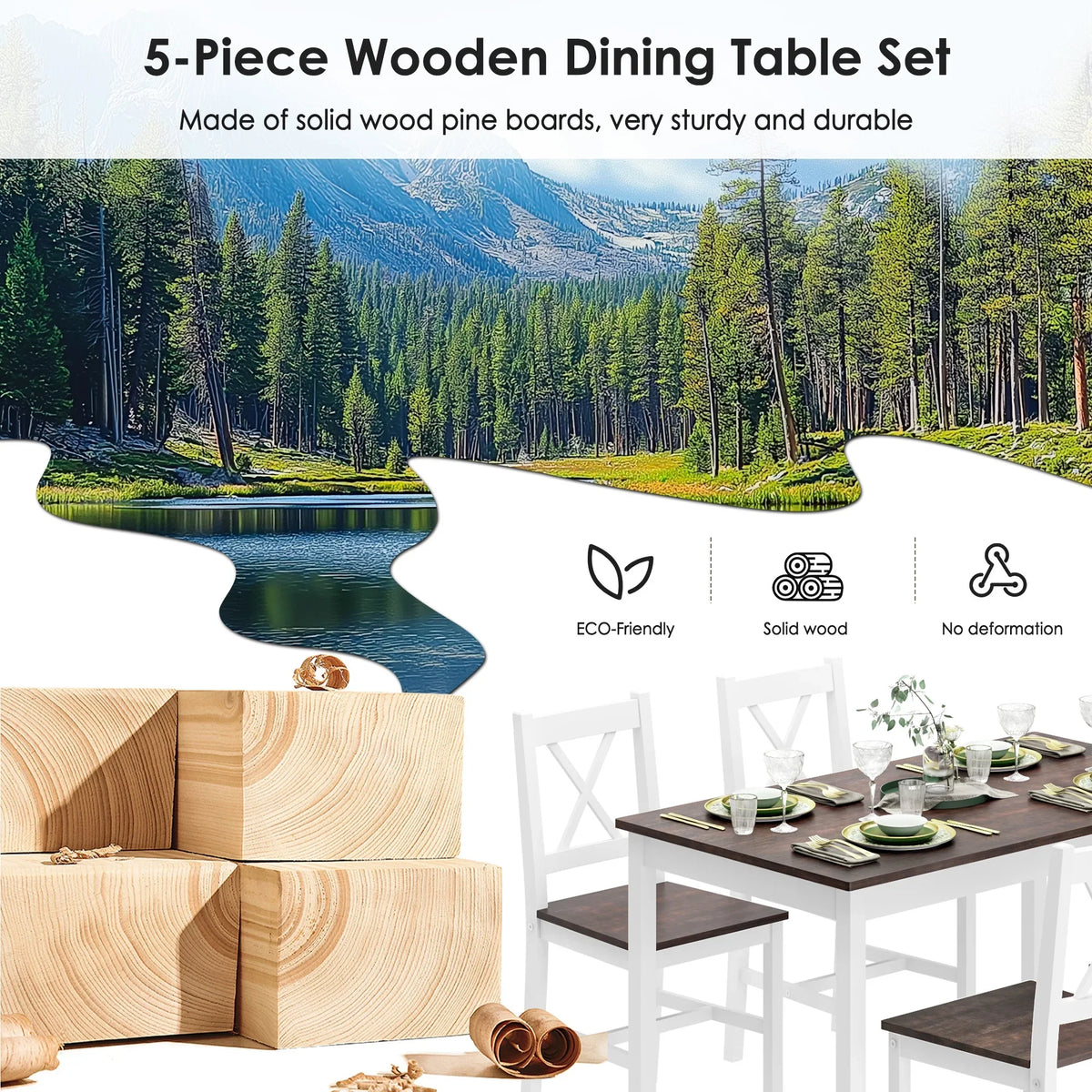 2026 NewSoges 5 Pieces Dining Table Set, Pine Wood Kitchen Dining Table with 4 Chairs, Wood Rectangular kitchen table and chairs for 4, Small Dining Set for Bar Dining Room Breakfast Nook, White and Gray