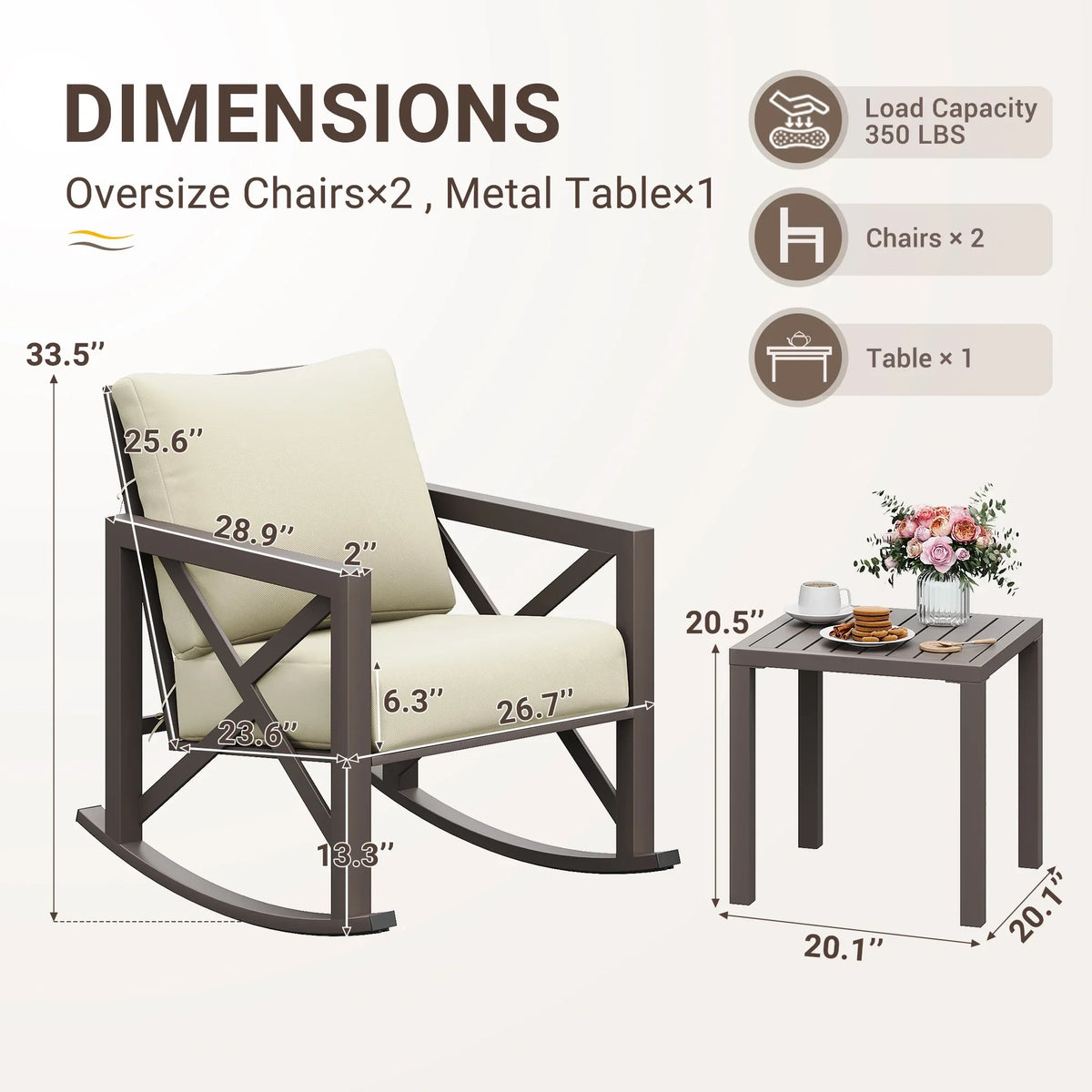 2026 NewMRUAKA Rocking Chair Bistro Set,3 Piece Outdoor Patio Furniture Set with 2 Rockers and 1 Metal Coffee Table with Thick Cushions for Porch,Backyard,Poolside,Beige