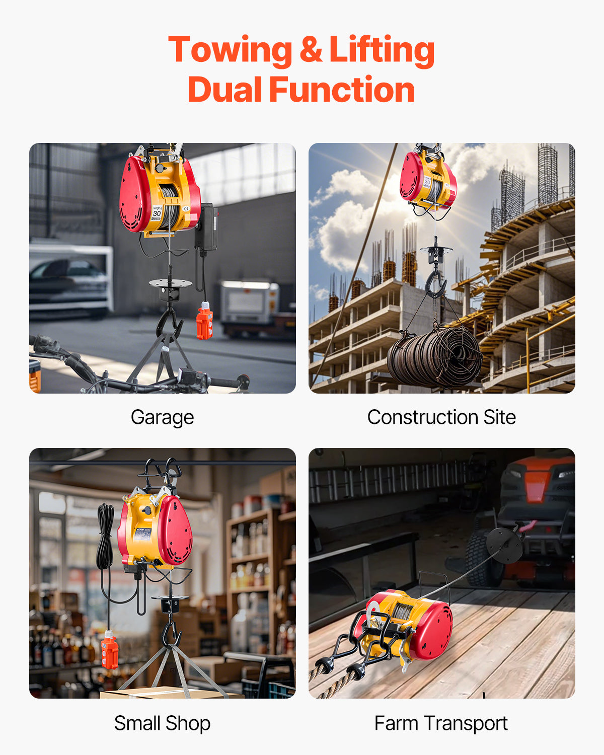 VEVOR 2-in-1 Portable Electric Hoist Winch 1100LBS Wired/Wireless Remote Control