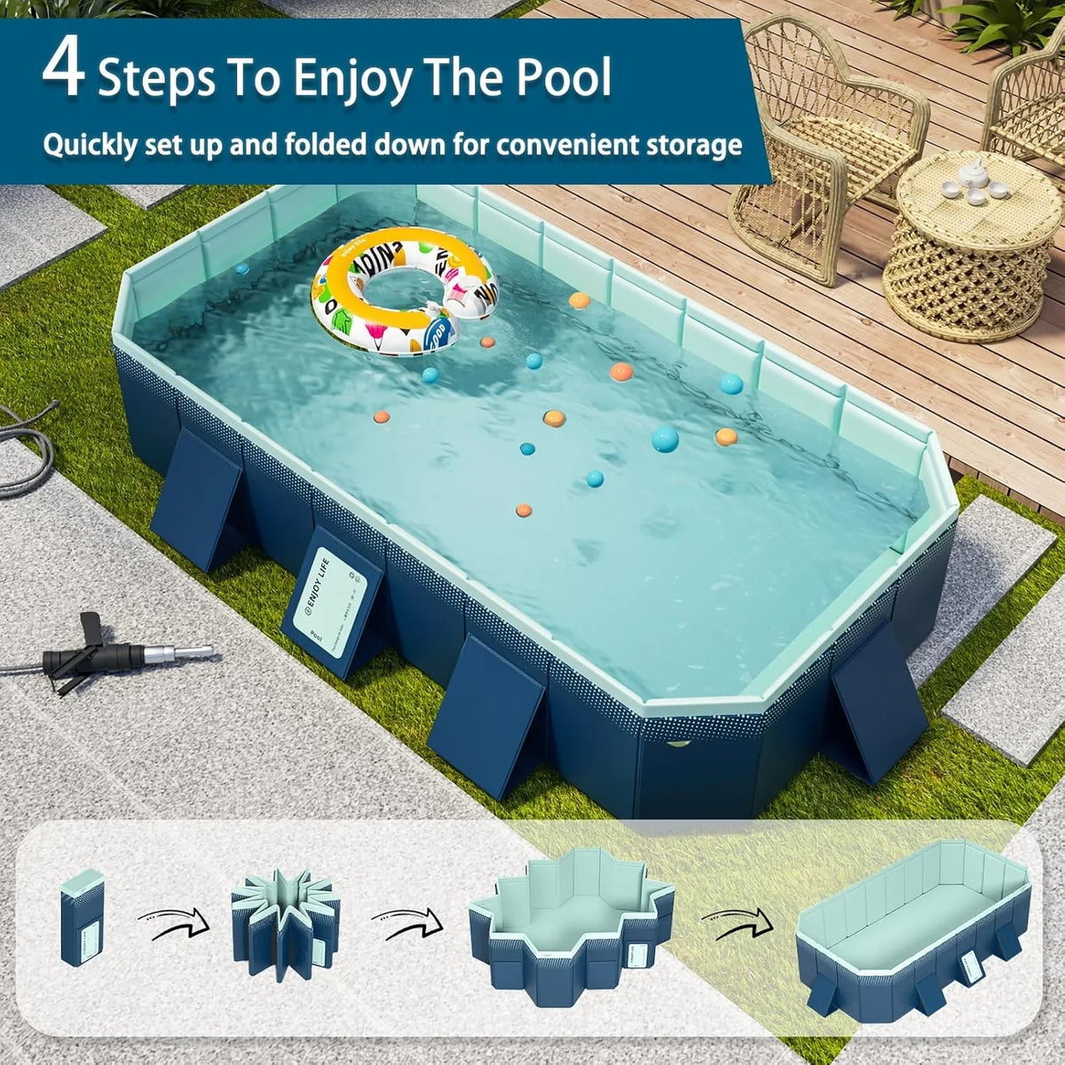 2026 NewFoldable Large Rectangular Family Swimming Pool, Non-Inflatable, Easy Set-up, Suitable for Adults, Kids and Pet Dogs"Ideal for Outdoor, Backyard