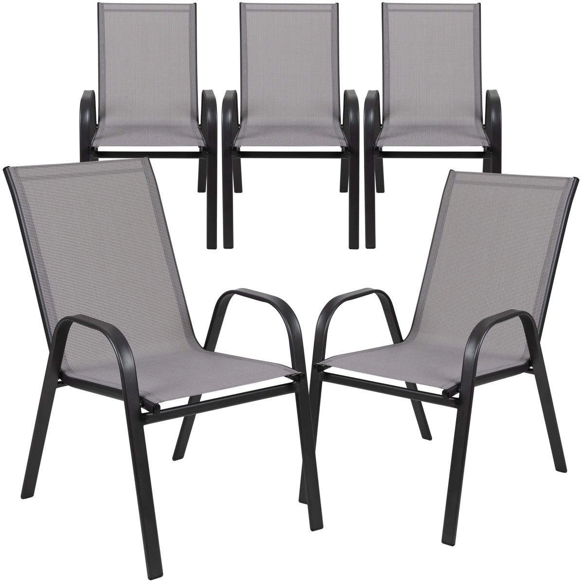 2026 NewBizChair 5 Pack Black Outdoor Stack Chair with Flex Comfort Material and Metal Frame