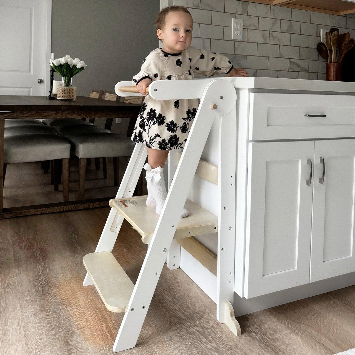 2026 NewHARPPA Foldable Toddler Kitchen Tower, Standing Tower for Kids Age 1.5-6 Years, White