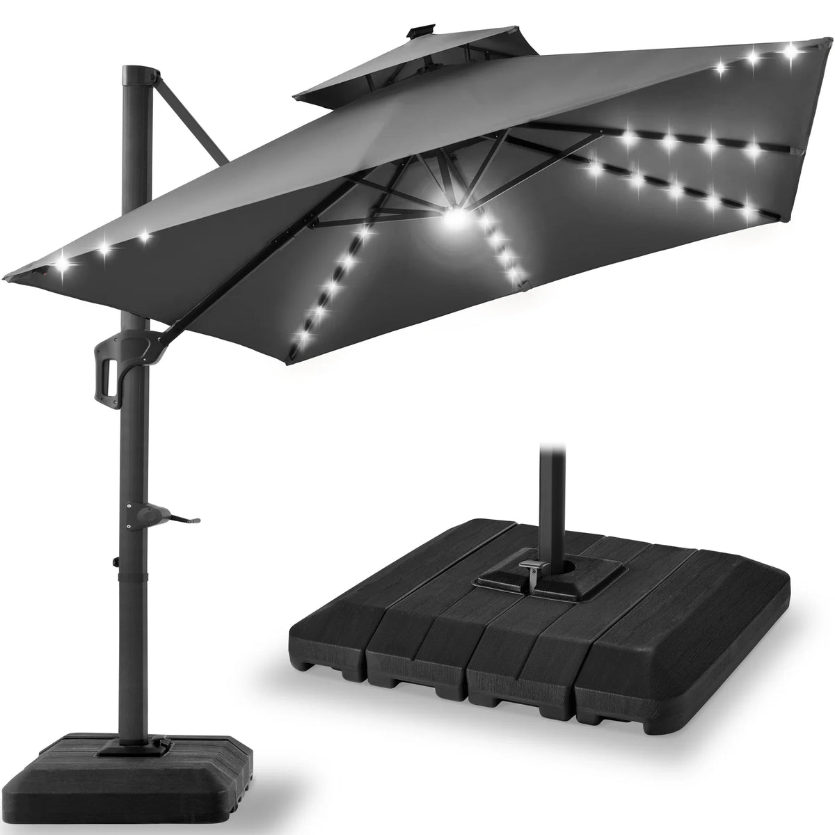 2026 NewBest Choice Products 10x10ft 2-Tier Square Outdoor Solar LED Cantilever Patio Umbrella w/ Base Included - Tan
