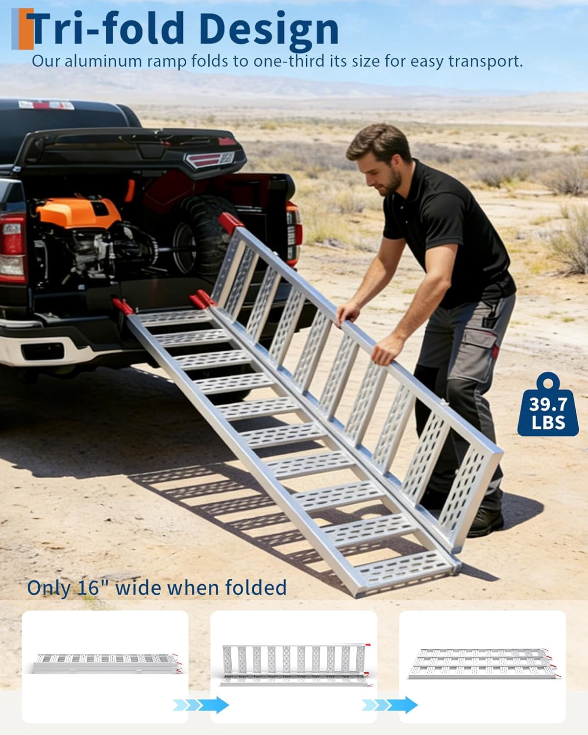76 In Aluminum Tri-Fold ATV and Motorcycle Ramp 1500 lbs Loading Ramps with Straps for Truck Trailer Lawn Equipment