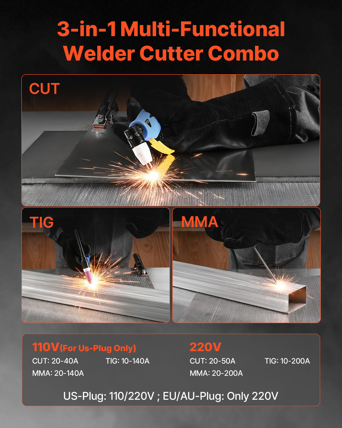 VEVOR 3-in-1 Plasma Cutter Welder Combo - CUT/TIG/MMA, 50A Plasma Cutting Machine & 200A TIG Stick Welder, 110/220V