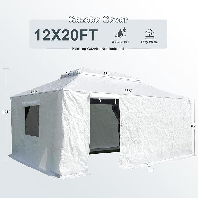Domi 12 x 20ft Gazebo Winter Cover, Double Roof Universal Enclosure with Sidewalls & Mesh Windows, Waterproof for Hardtop Gazebos, White