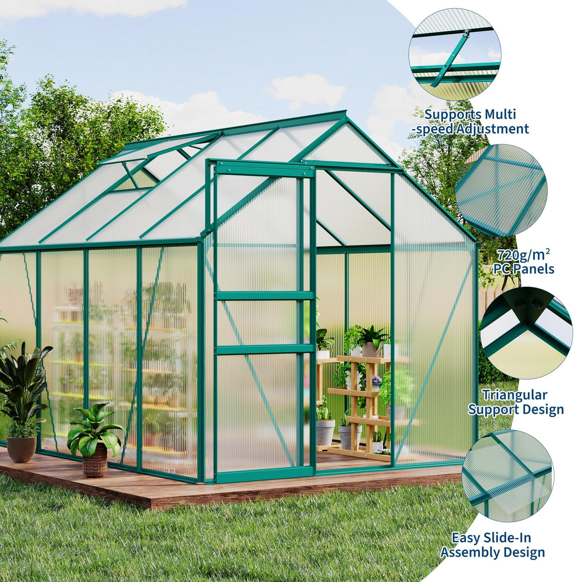 6x8 FT Polycarbonate Greenhouse – Outdoor Walk-In Greenhouse with Heavy Duty Aluminum Frame, Sliding Door, Adjustable Roof Vent & Rain Gutter for Backyard Gardening
