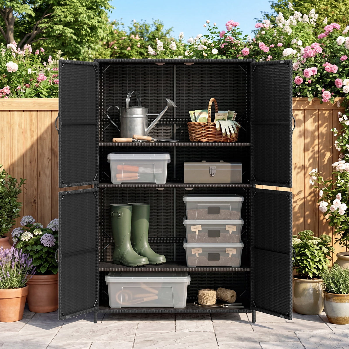 Costway Outdoor Storage Cabinet with Adjustable Shelves & Anti-Toppling Device for Garden Black