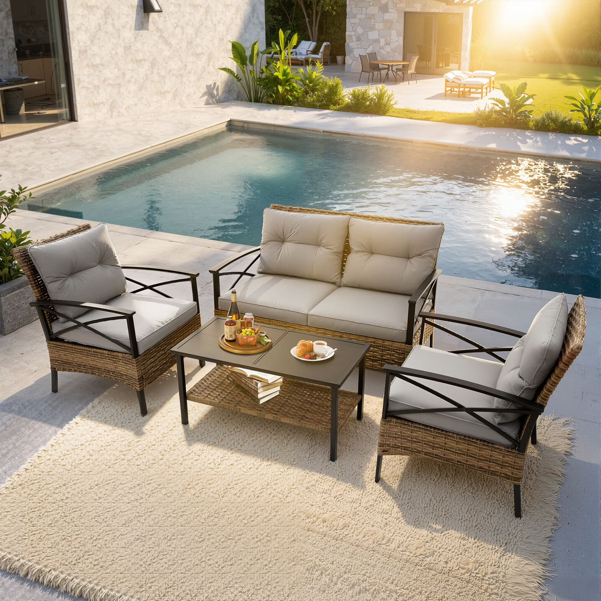 2026 NewHeavy-duty Patio Furniture Set, 4 Piece Outdoor Sectional Conversation Sets, BrownPE Rattan Patio Sofa Set with Blue Cushions