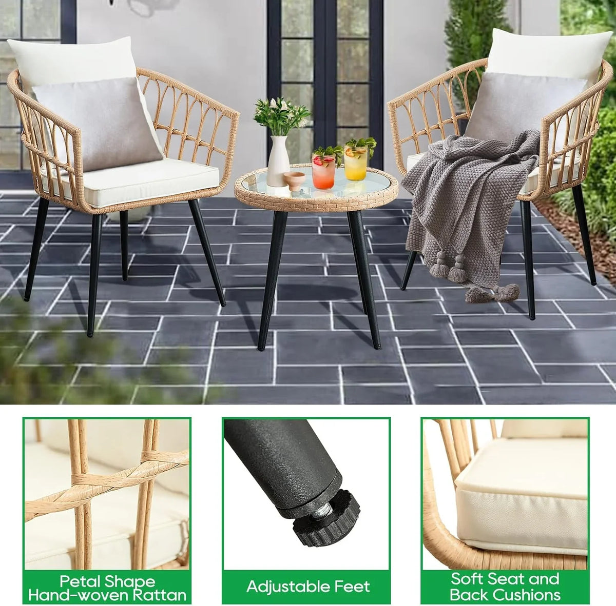 2026 NewFHFO 3 Piece Patio Bistro Set, Outdoor Wicker Apartment Balcony Furniture Sets, Rattan Table and Chairs Set of 2 for Porch Backyard Lawn Poolside Deck, Beige