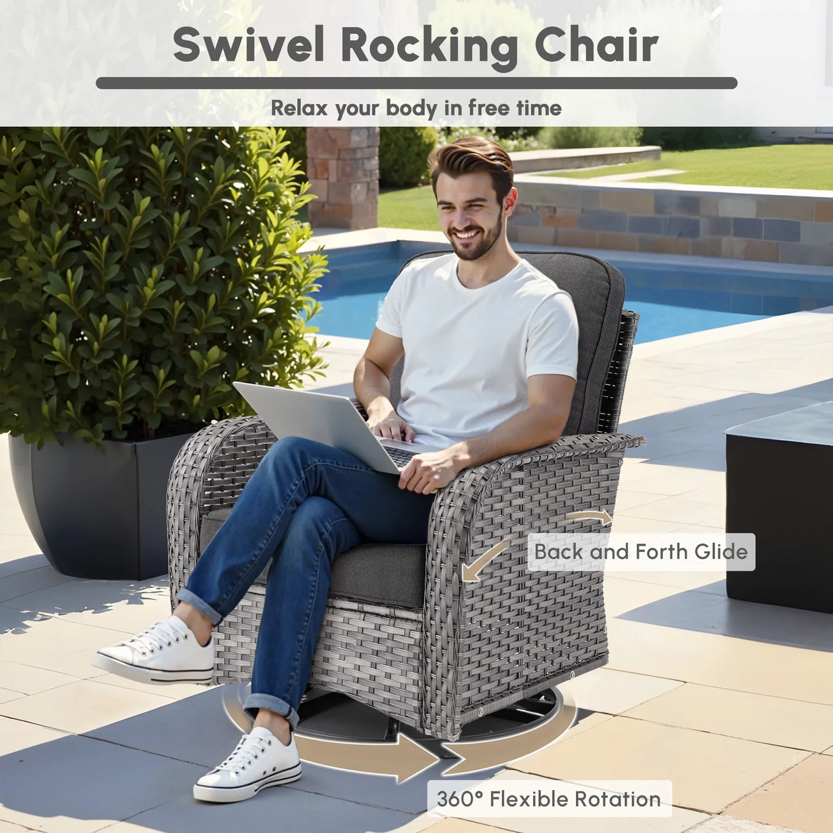 2026 NewOvios 5 Pieces Outdoor Patio Furniture Set High Back All Weather Wicker Conversation Set with Swivel Chairs & Coffee Table, Dark Gray