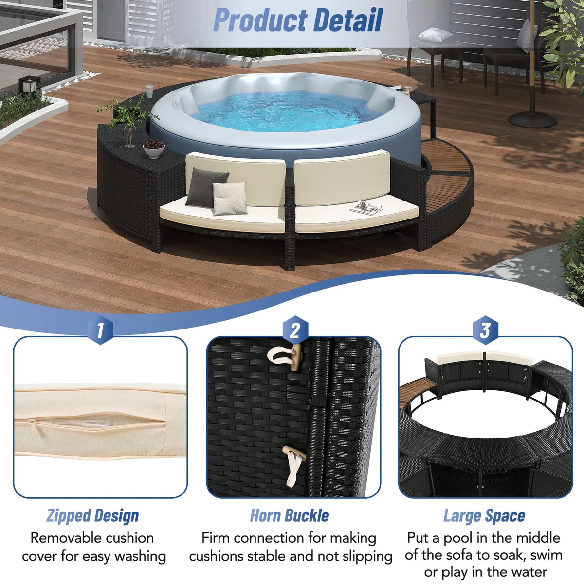 2026 NewRound Hot Tub Surround Furniture, Spa Surround Outdoor Rattan Sectional Sofa Set with Mini Sofa, Solid Acacia Wood Hot Tub Storage Surround Patio Furniture Set, Gray Cushion