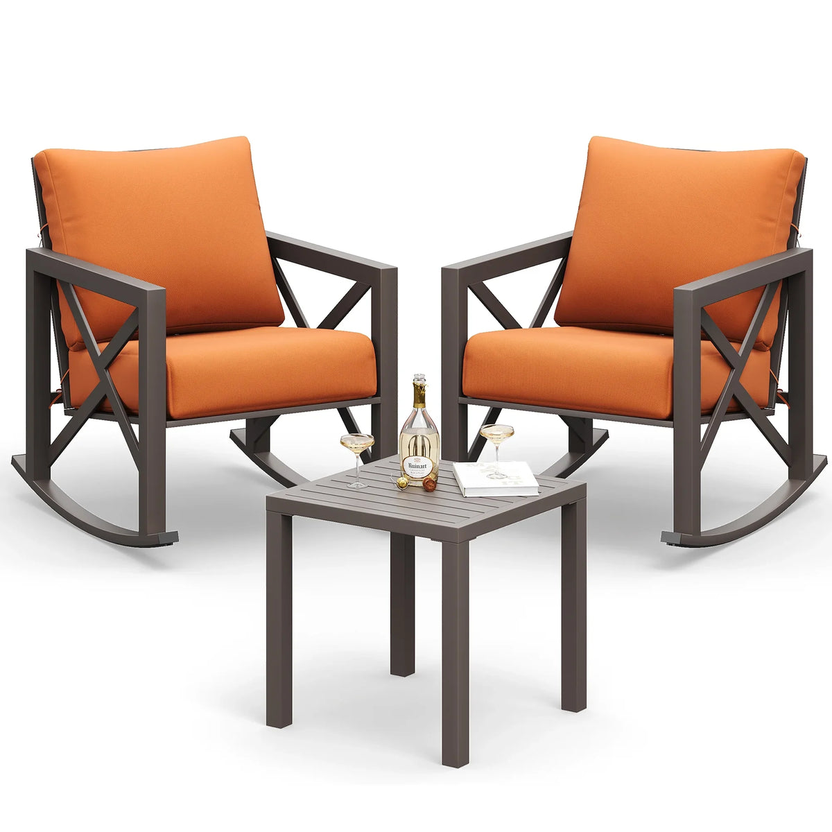 2026 NewMRUAKA Rocking Chair Bistro Set,3 Piece Outdoor Patio Furniture Set with 2 Rockers and 1 Metal Coffee Table with Thick Cushions for Porch,Backyard,Poolside,Beige