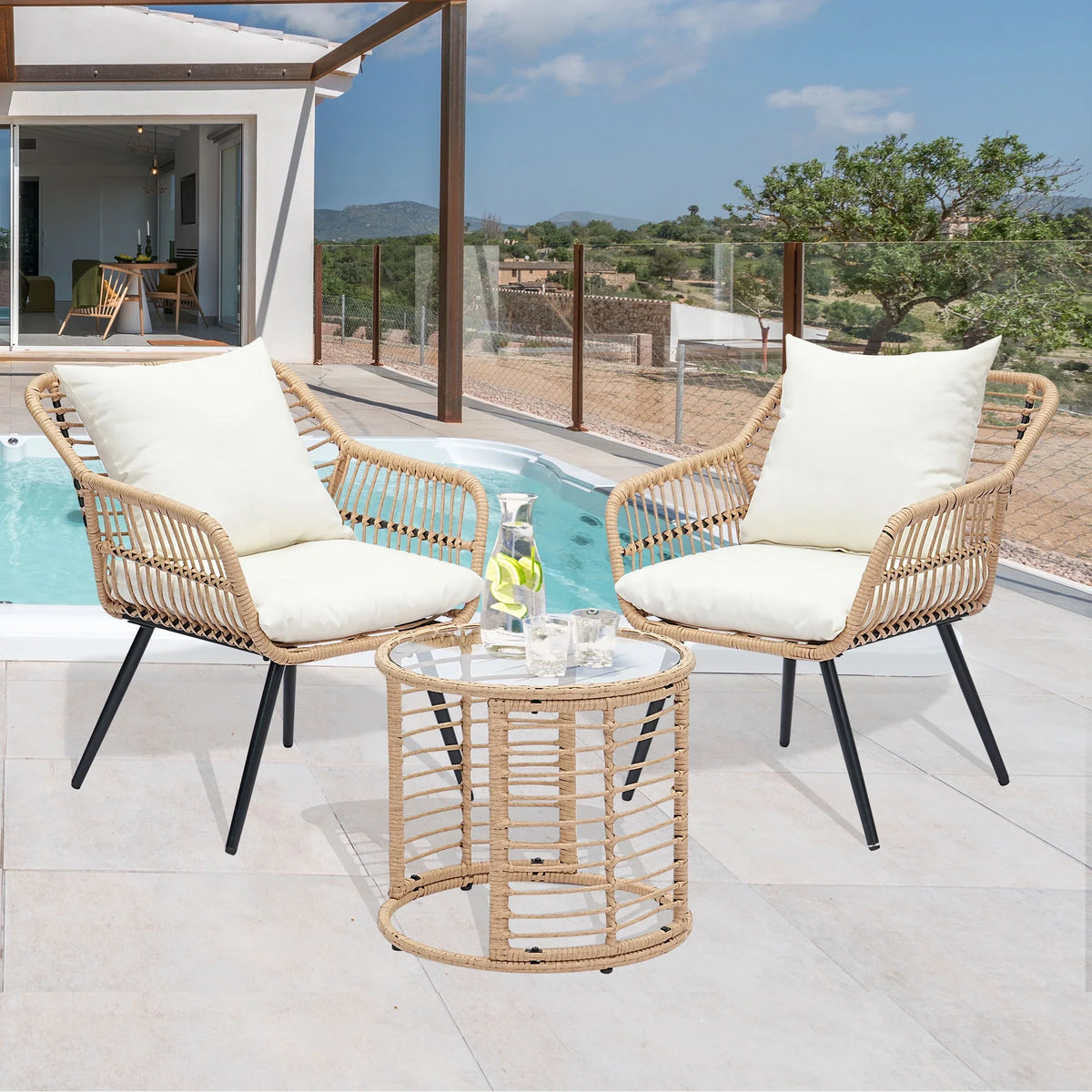 2026 NewAinfox 3-Piece Steel Outdoor Bistro Sets with Metal Chairs and Glass Top Table, Beige