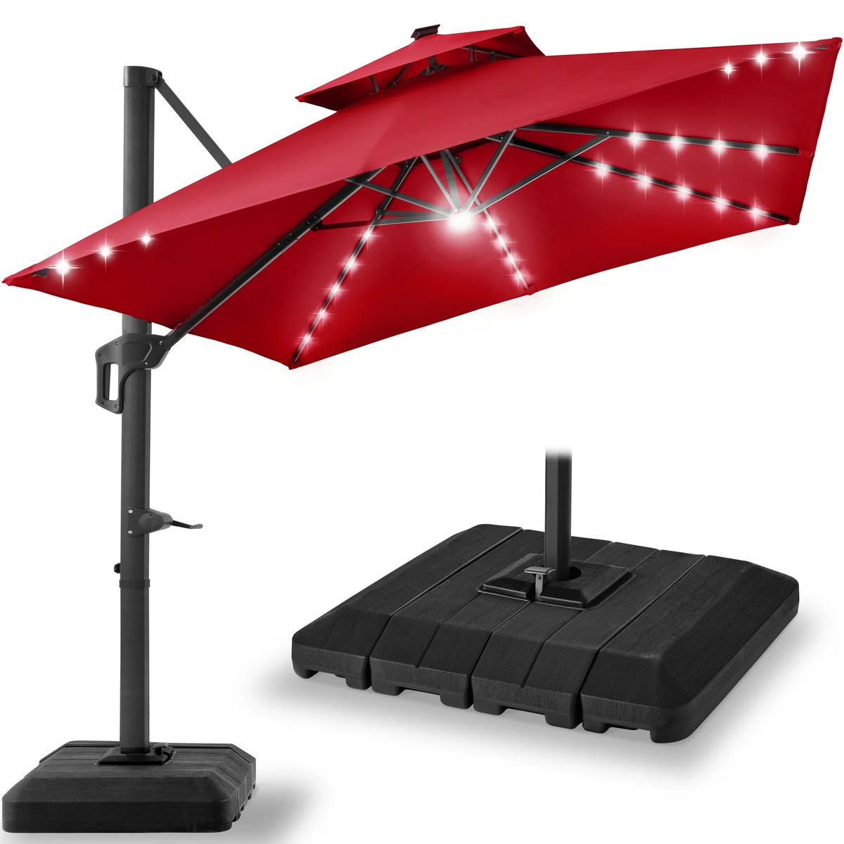 2026 NewBest Choice Products 10x10ft 2-Tier Square Outdoor Solar LED Cantilever Patio Umbrella w/ Base Included - Tan