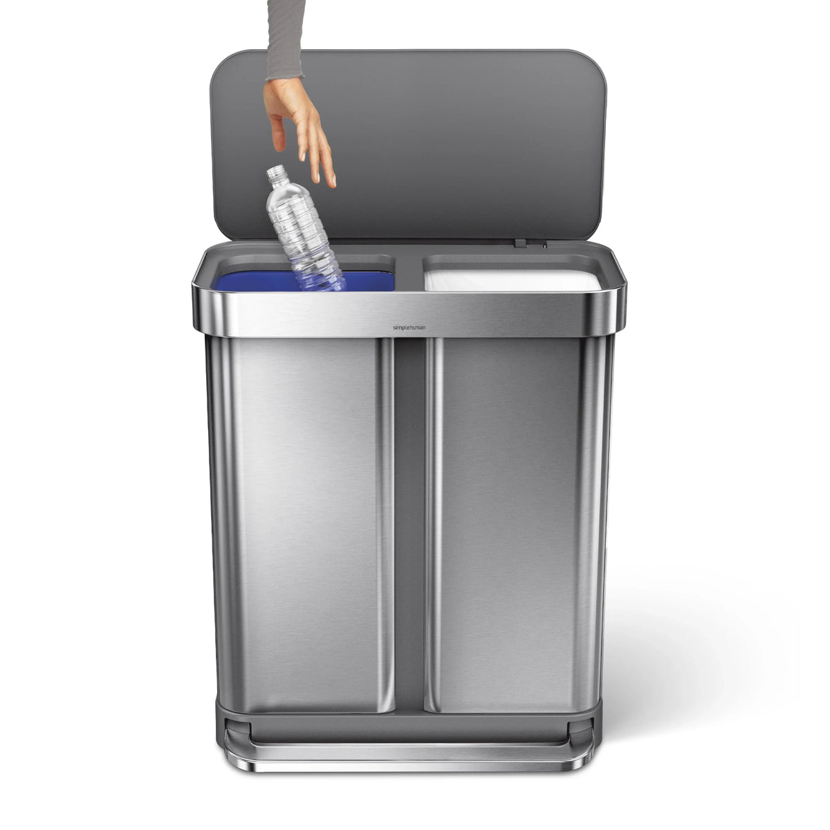 2026 Newsimplehuman 58 Liter / 15.3 Gallon Rectangular Dual Compartment Recycling Step, Brushed Stainless Steel with Soft-Close Plastic Lid Kitchen Trash Can