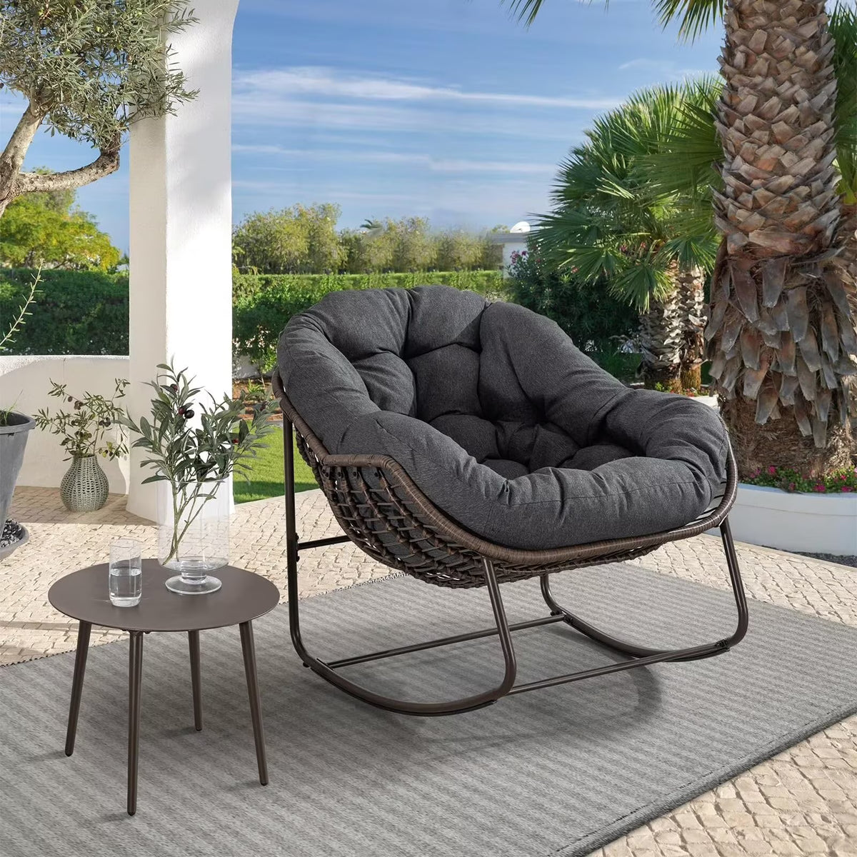 2026 NewOutdoor Papasan Rocking Chair, Patio Oversized Wicker Egg Rocking Chair, Indoor & Outdoor Comfy Rocker Chair with Thick Cushion, Modern Lounge Chair for Front Porch, Garden, Backyard, Grey