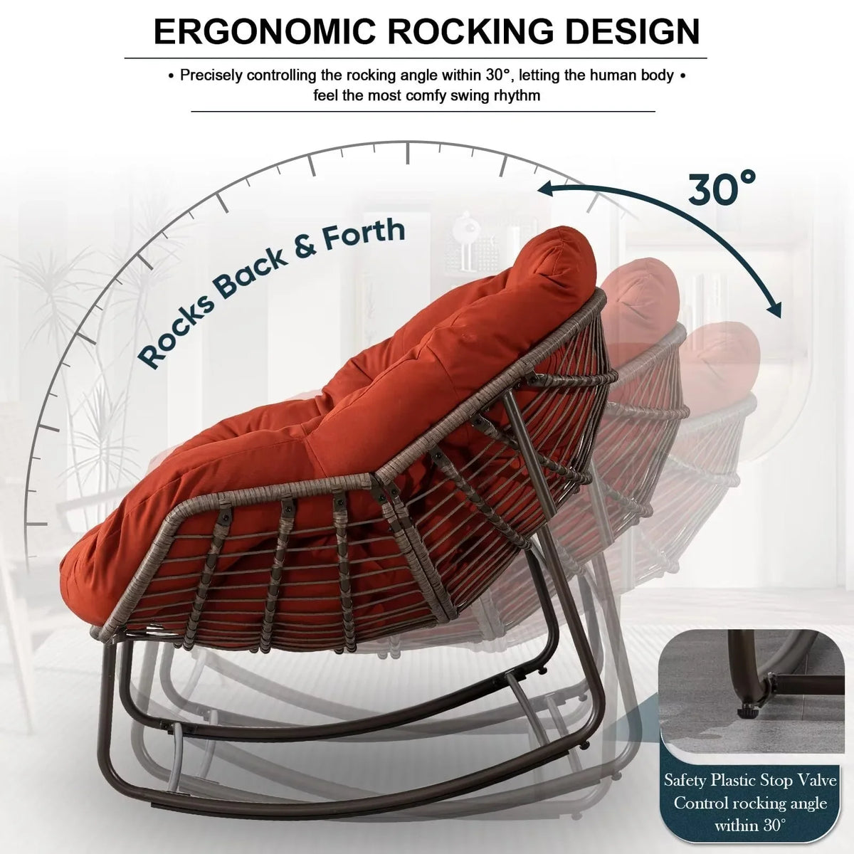 2026 NewOutdoor Papasan Rocking Chair, Patio Oversized Wicker Egg Rocking Chair, Indoor & Outdoor Comfy Rocker Chair with Thick Cushion, Modern Lounge Chair for Front Porch, Garden, Backyard, Grey