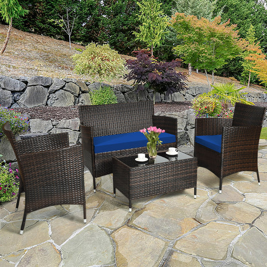 Patiojoy 4-Piece Patio Rattan Wicker Furniture Set Sofa Chair Table Set w/ Navy Cushions